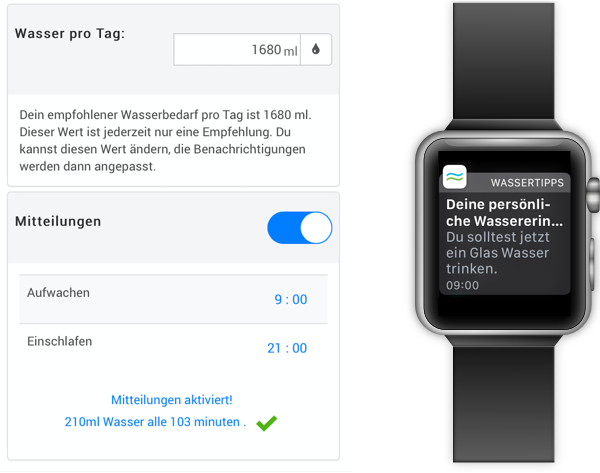 Screenshot Wasserbedarfsrechner | Trinkerinnerung auf Smartwatch