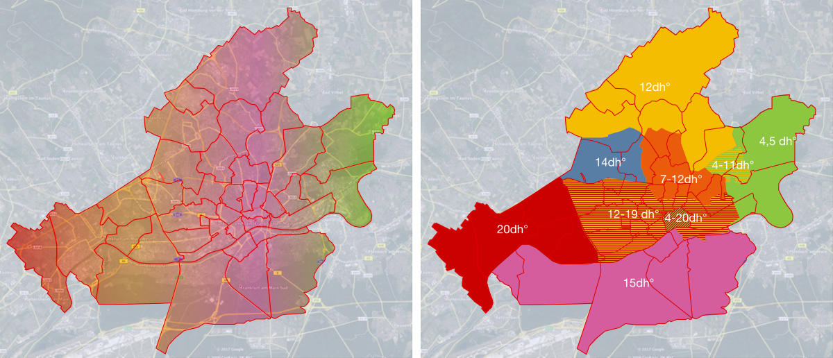 Frankfurt/Main: Postleitzahlgebiete vs. Wasserversorgungszonen